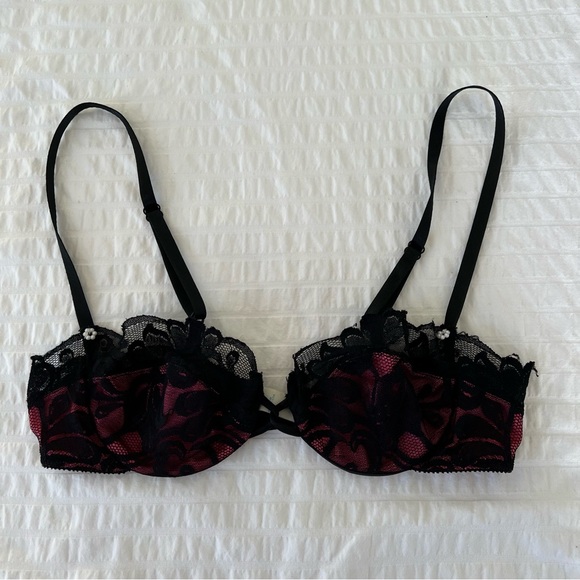 Rare VTG 1980s Victoria's Secret Pink and Black Lace Balconette Bra, 34B - Picture 4 of 11